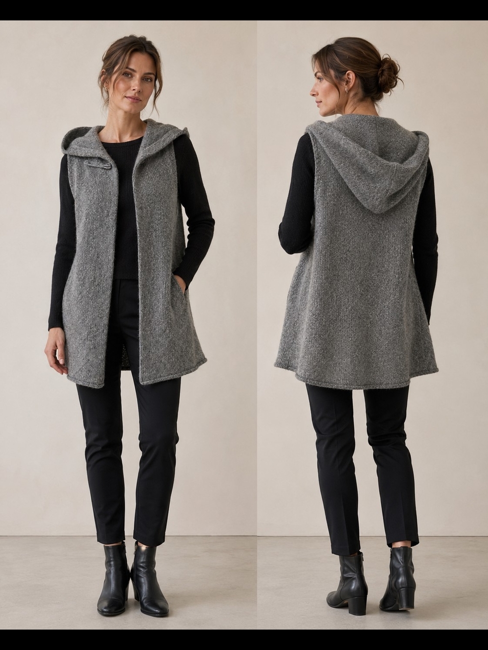 Eileen Fisher Gray Wool Mohair Hooded Long Vest Open Front Italian Yarn